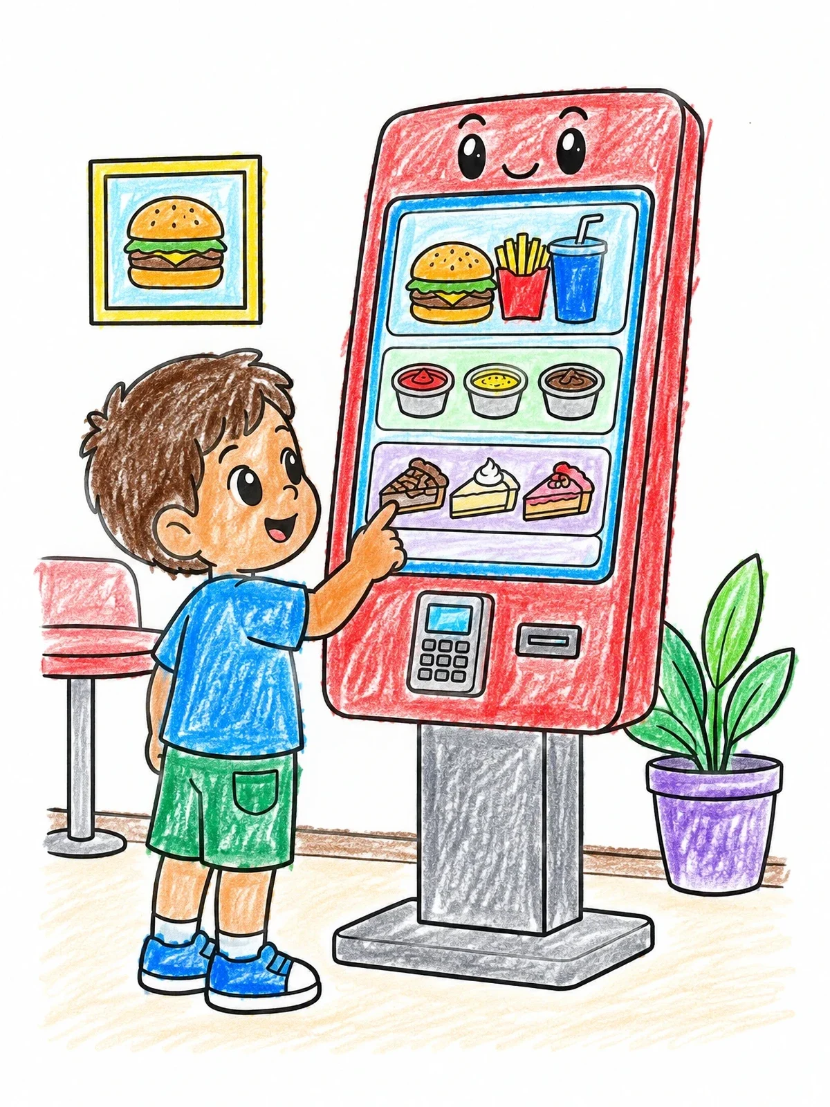 Colored example of the Boy Ordering At Fast Food Kiosk coloring page