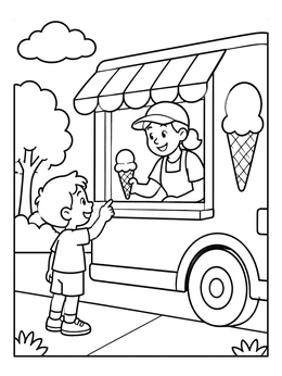 A happy child orders a treat in this ice cream coloring page featuring a truck window.