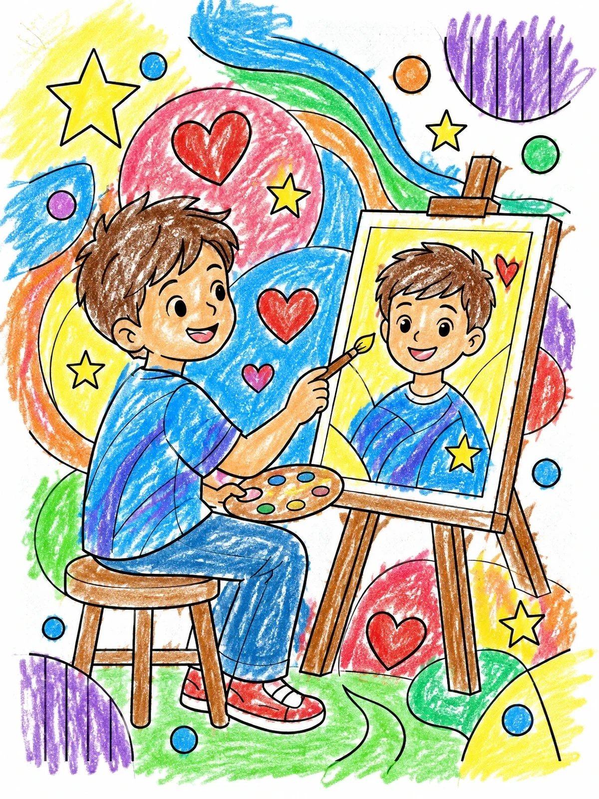 Colored example of the Boy Painting A Cheerful Self Portrait coloring page