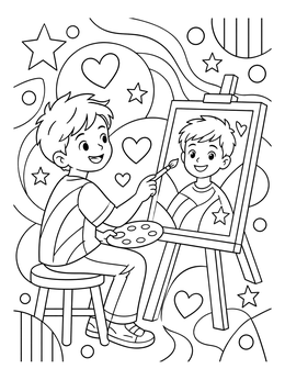 A smiling boy paints on canvas in this self esteem coloring page.