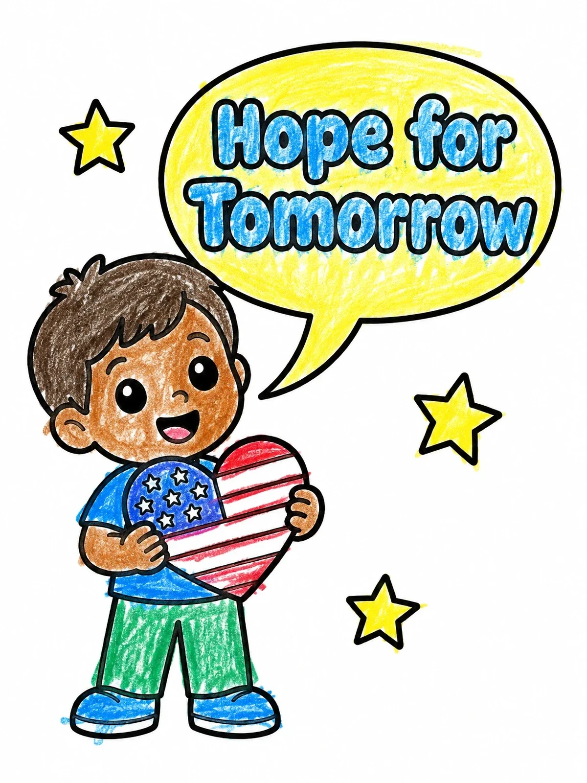 Colored example of the Boy Holding Patriotic Heart coloring page