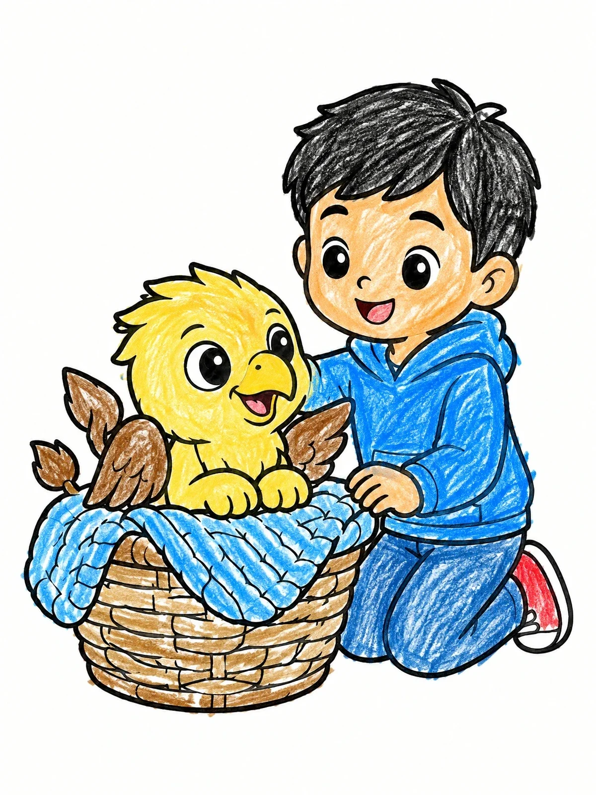 Colored example of the Boy Petting A Baby Griffin coloring page