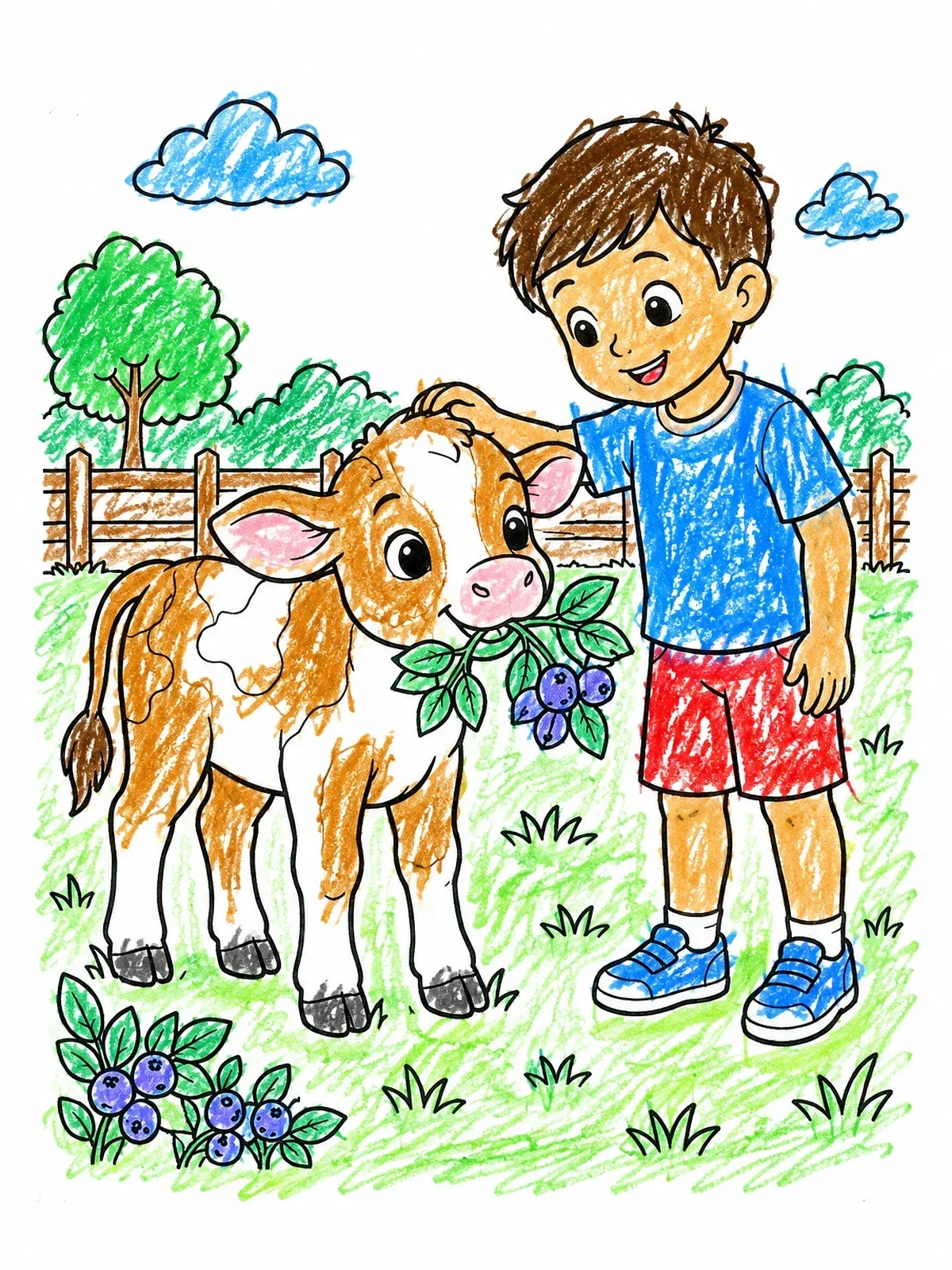 Colored example of the Boy Petting Calf With Blueberry Twig coloring page