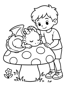 Free printable Boy Petting Sleeping Baby Dragon coloring page