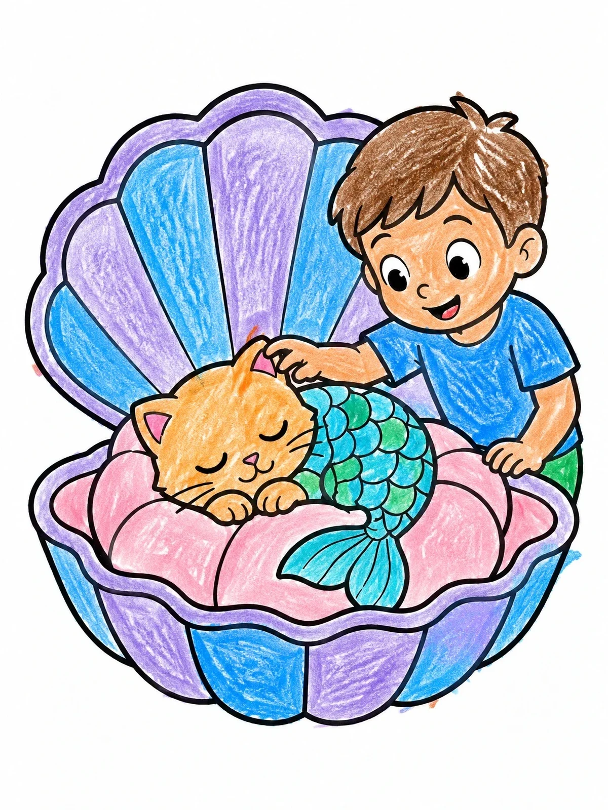 Colored example of the Boy Petting Sleeping Mermaid Cat coloring page