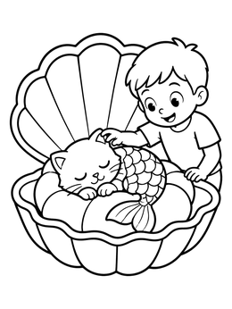 Free printable Boy Petting Sleeping Mermaid Cat coloring page