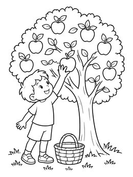 Free printable Boy Picking Apples From Tree coloring page