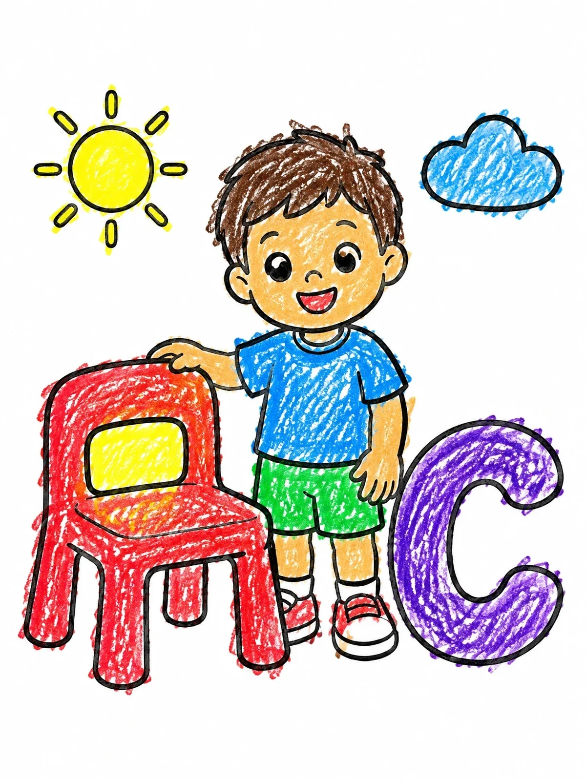 Colored example of the Boy With Plastic Chair And Letter C coloring page