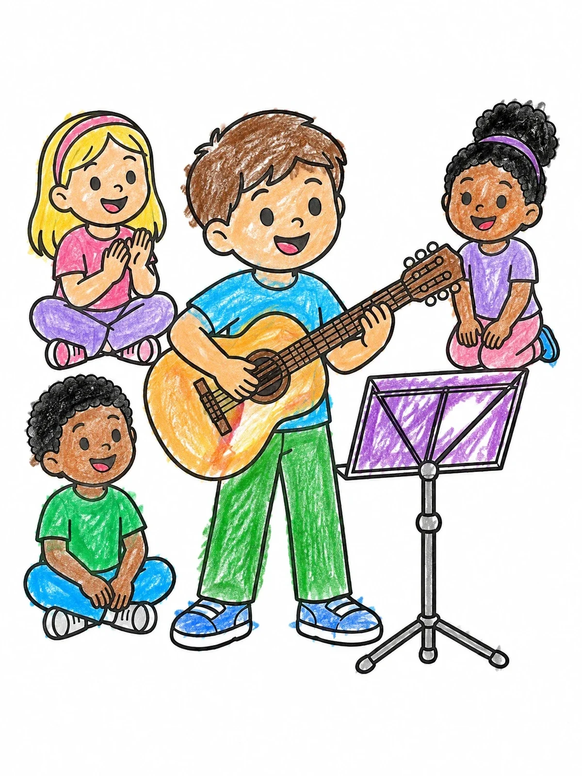 Colored example of the Boy Playing Guitar For Friends coloring page