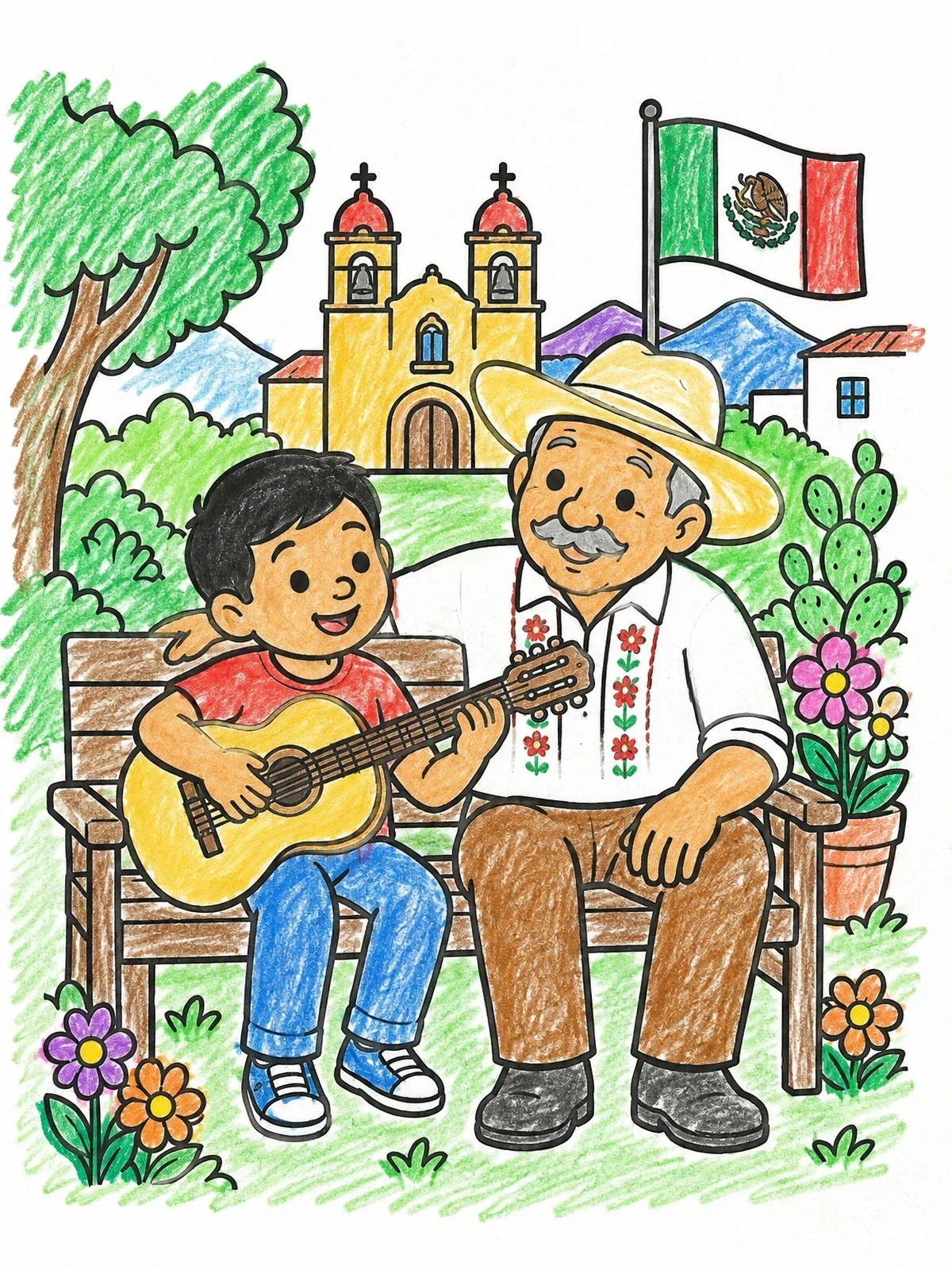Colored example of the Boy Playing Guitar With Grandfather coloring page