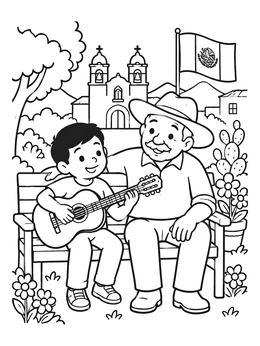 A cheerful boy plays guitar with his grandfather in this mexico coloring page.