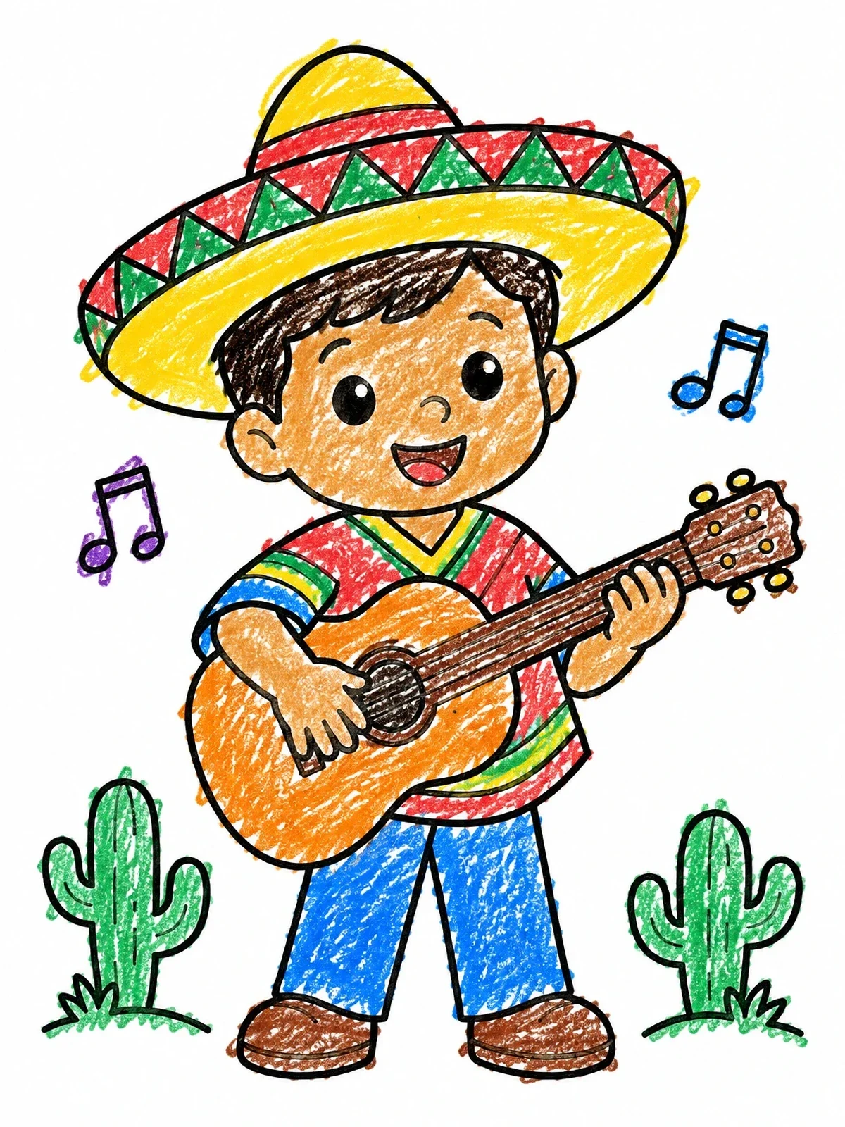 Colored example of the Smiling Boy Playing Guitar With Sombrero coloring page