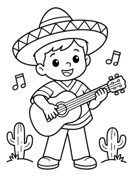 Free printable Smiling Boy Playing Guitar With Sombrero coloring page