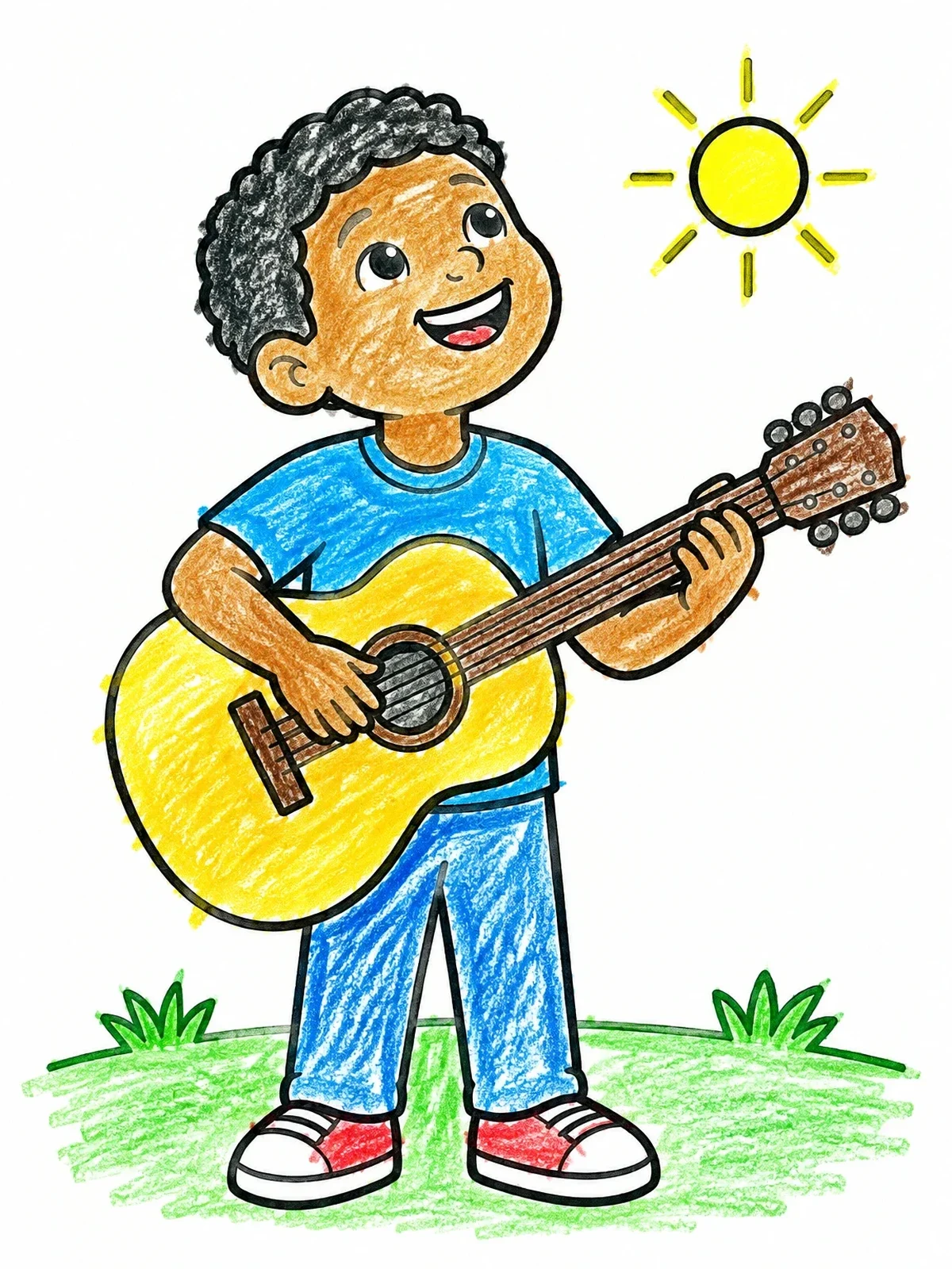Colored example of the Boy Playing Guitar In Sunshine coloring page