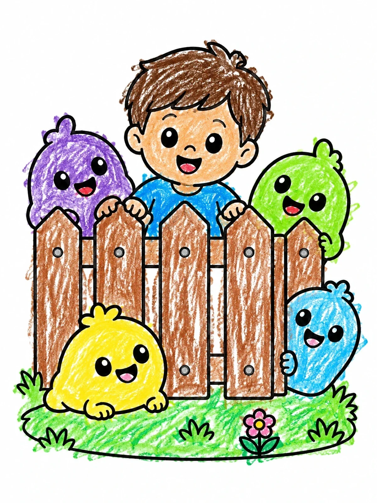 Colored example of the Boy Playing Peekaboo With Slime Creatures coloring page