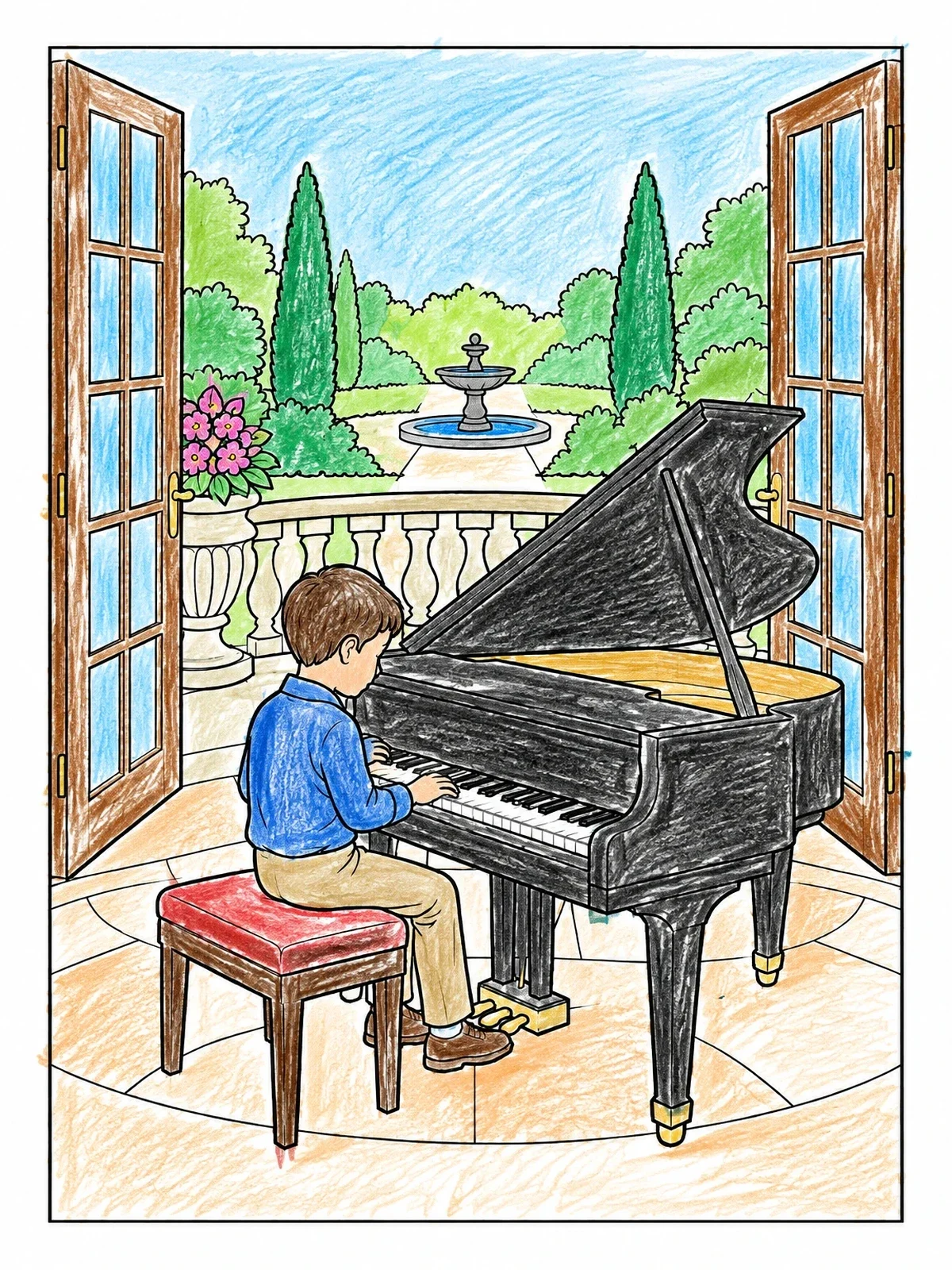 Colored example of the Boy Playing Piano On Balcony coloring page