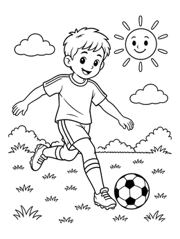 A cheerful boy playing coloring page as he kicks a soccer ball on a sunny day.