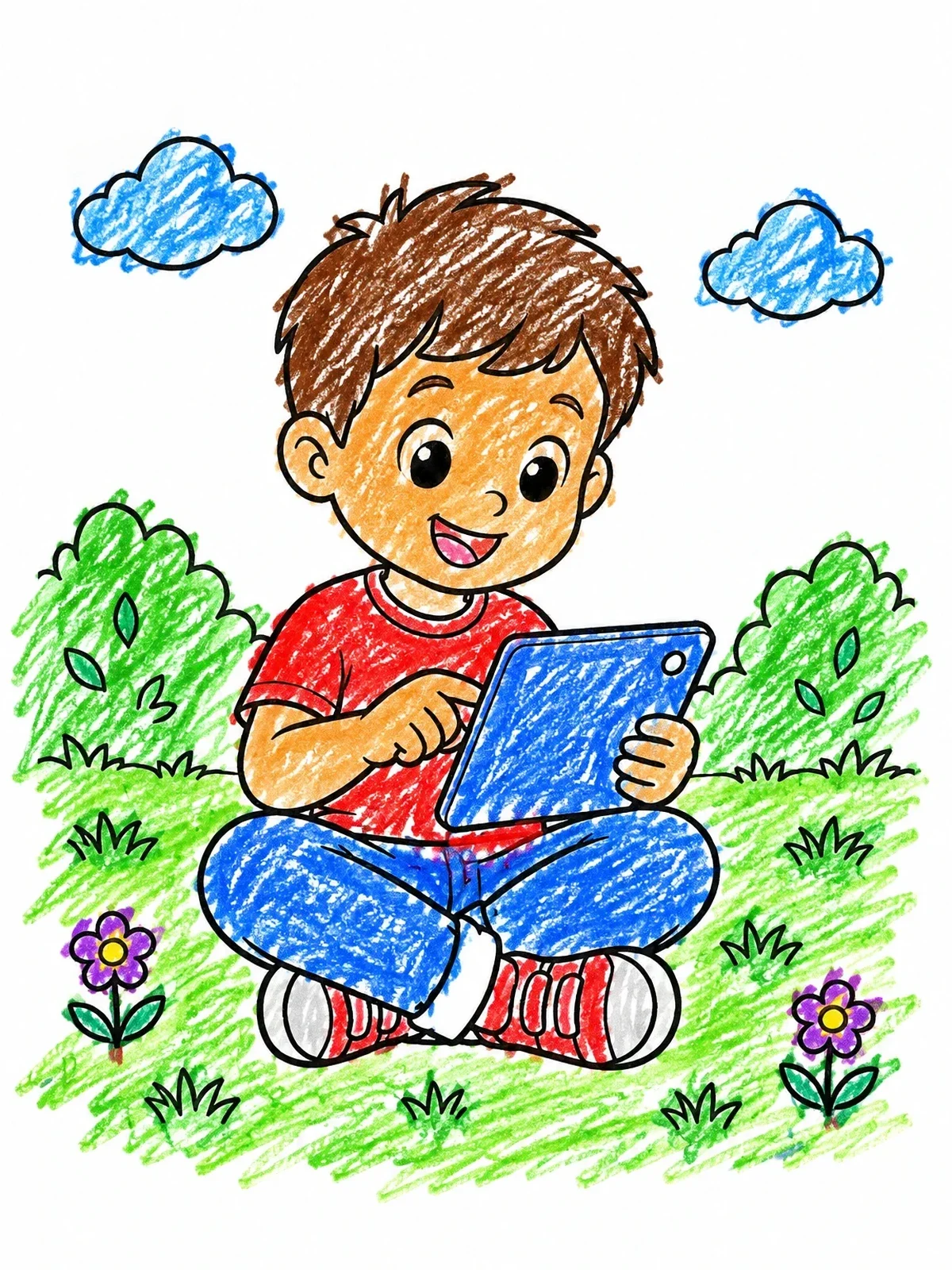 Colored example of the Happy Boy With Digital Tablet Outdoors coloring page
