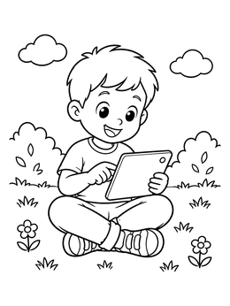Free printable Happy Boy With Digital Tablet Outdoors coloring page