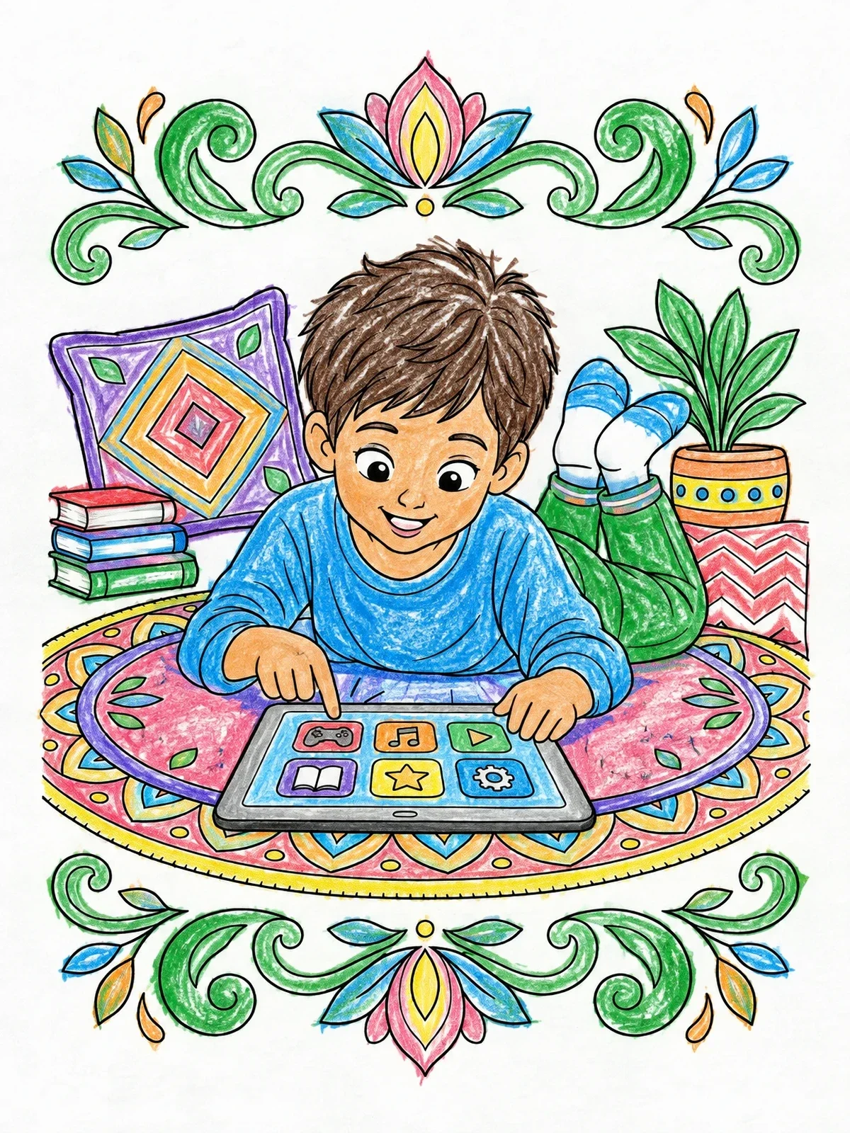 Colored example of the Boy Playing On A Tablet coloring page