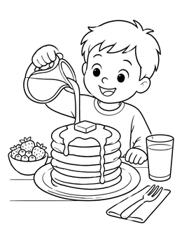 Free printable Boy Pouring Syrup On Pancakes coloring page