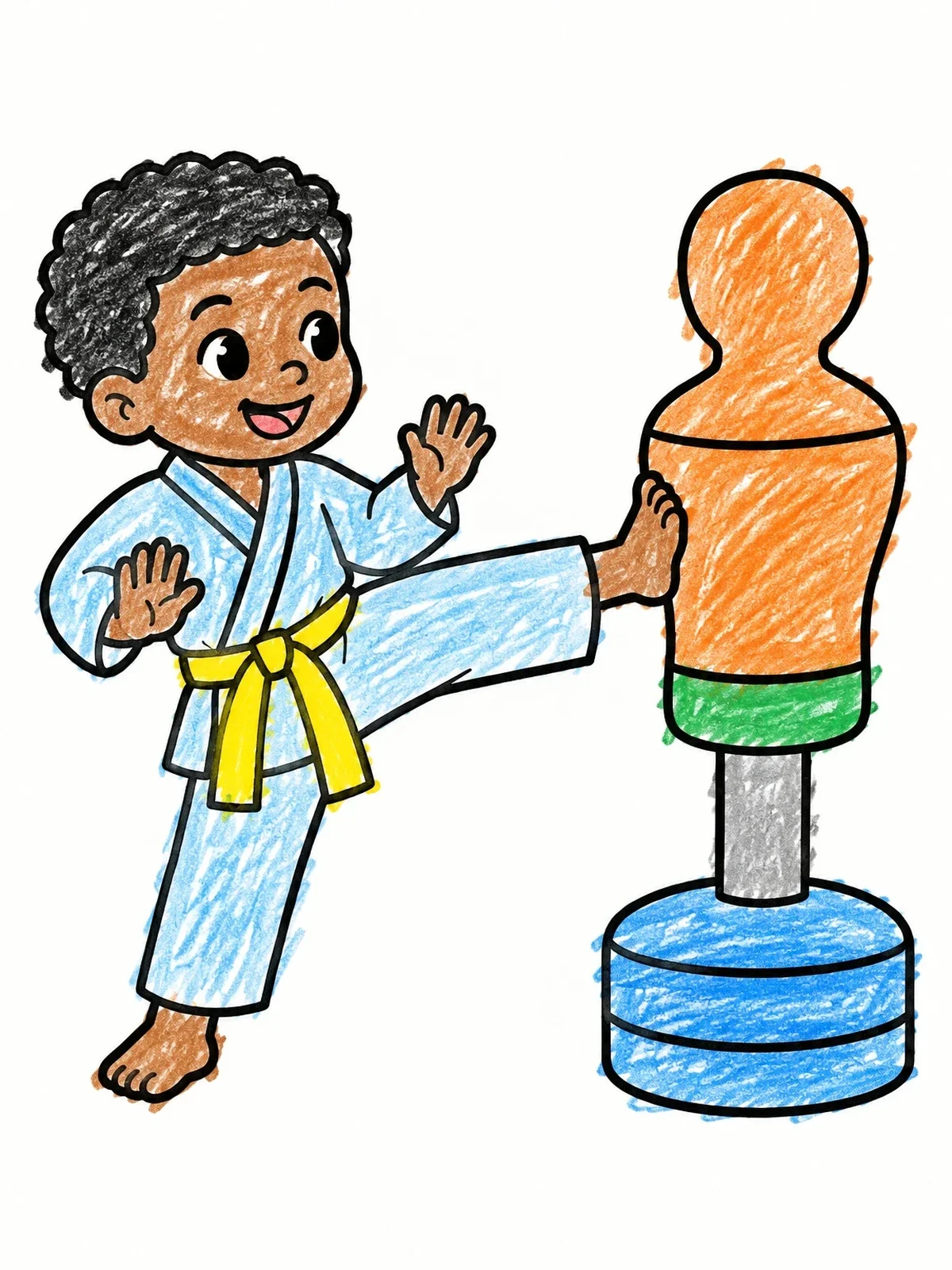Colored example of the Boy Practicing Karate Kick coloring page