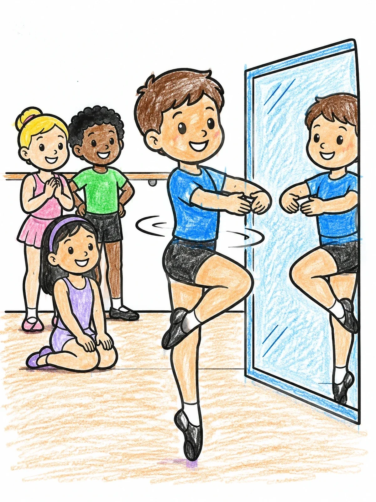Colored example of the Boy Practicing Pirouette In Dance Class coloring page