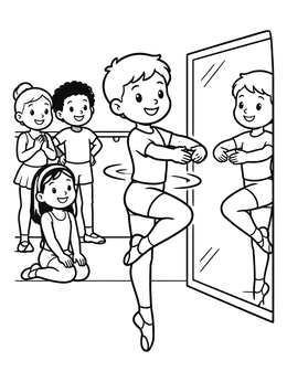 A cheerful boy spins in front of a mirror in this dance coloring page.