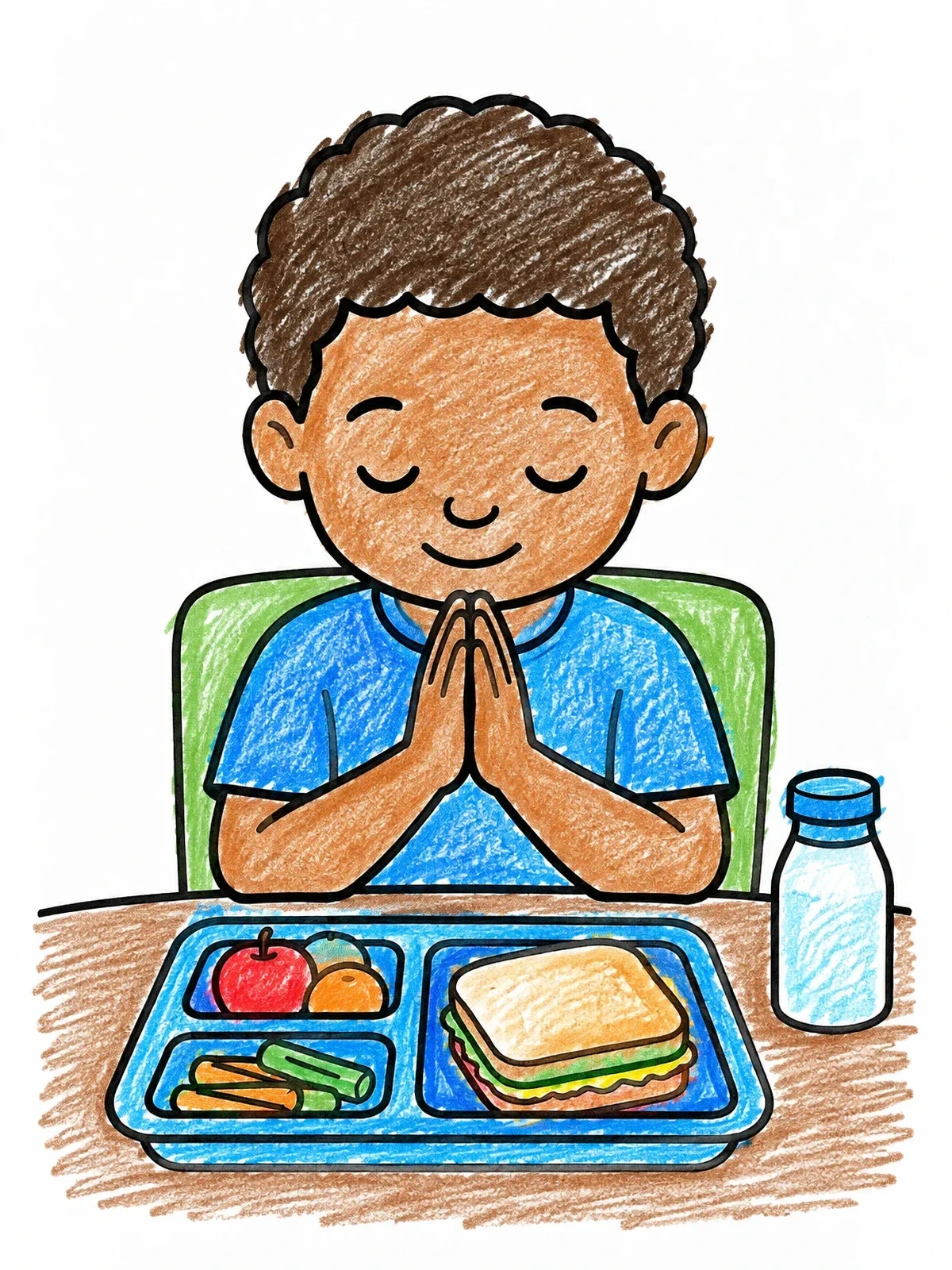 Colored example of the Boy Praying Before Lunch coloring page
