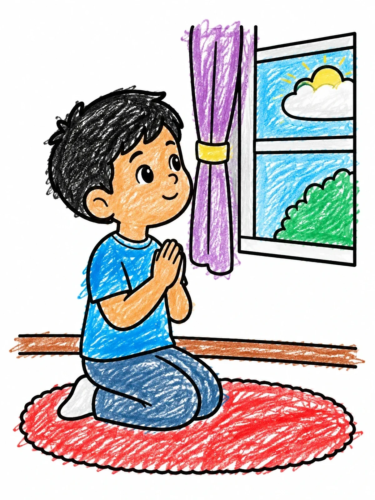 Colored example of the Boy Praying By The Window coloring page