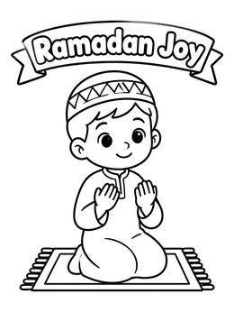 A ramadan coloring page showing a smiling boy praying on a small rug.