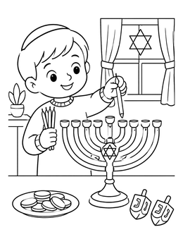 Free printable Boy Preparing The Hanukkah Menorah coloring page