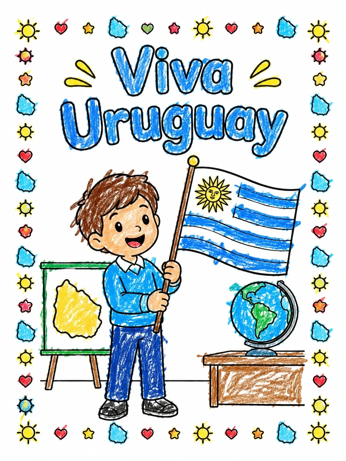 Colored example of the Boy Presenting Uruguay Flag In Classroom coloring page