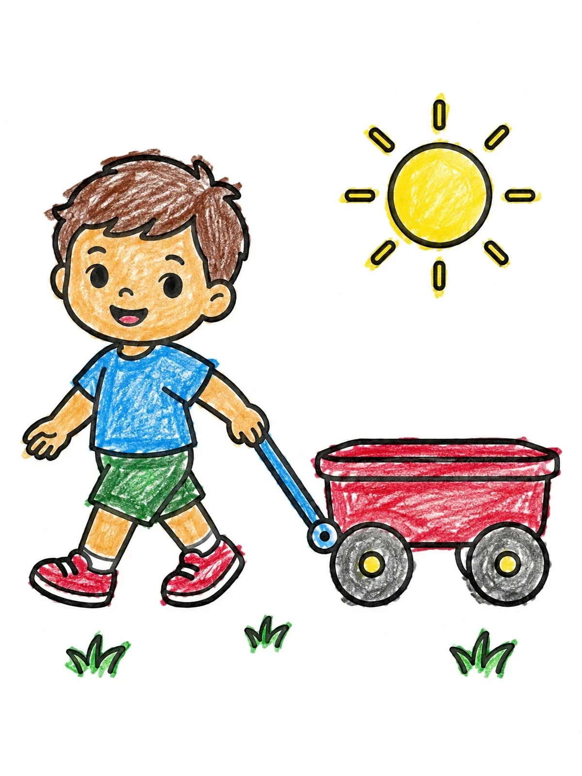 Colored example of the Boy Pulling A Toy Wagon coloring page