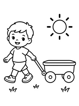 Free printable Boy Pulling A Toy Wagon coloring page