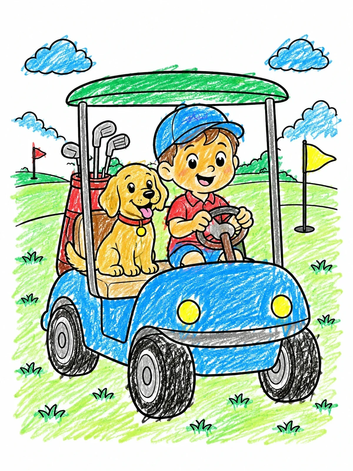Colored example of the Boy And Puppy In Golf Cart coloring page