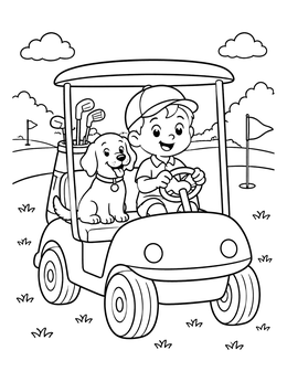 Free printable Boy And Puppy In Golf Cart coloring page