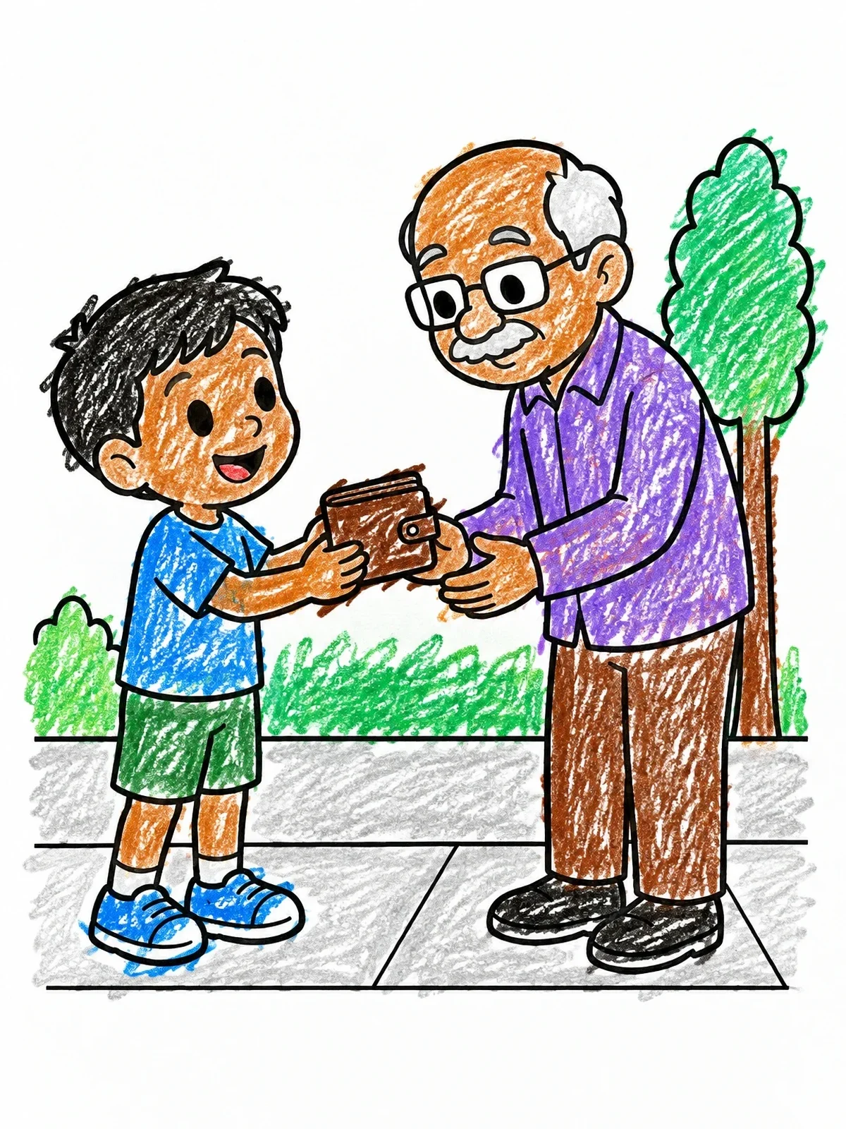 Colored example of the Boy Returning A Lost Wallet coloring page