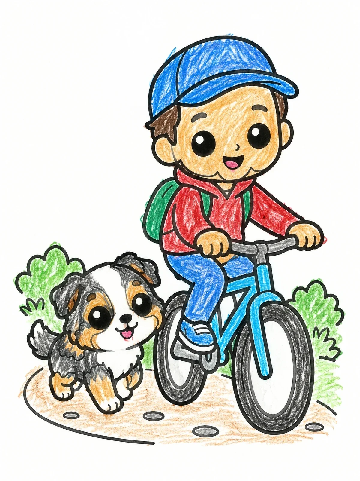Colored example of the Boy Riding Bicycle With Puppy coloring page