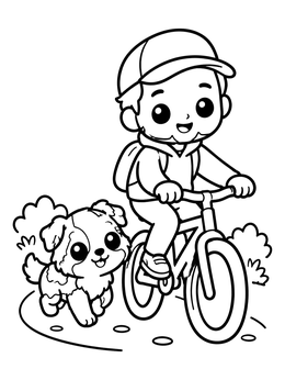 Free printable Boy Riding Bicycle With Puppy coloring page