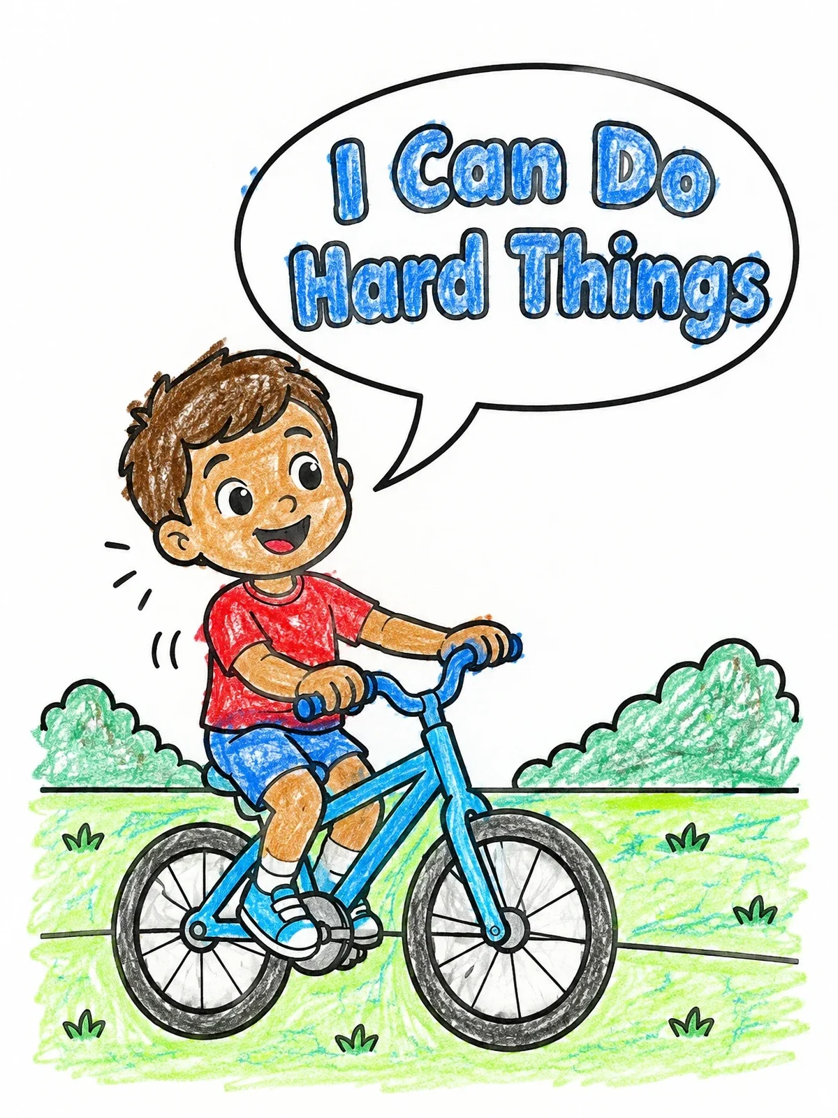 Colored example of the Boy Riding Bicycle With Speech Bubble coloring page
