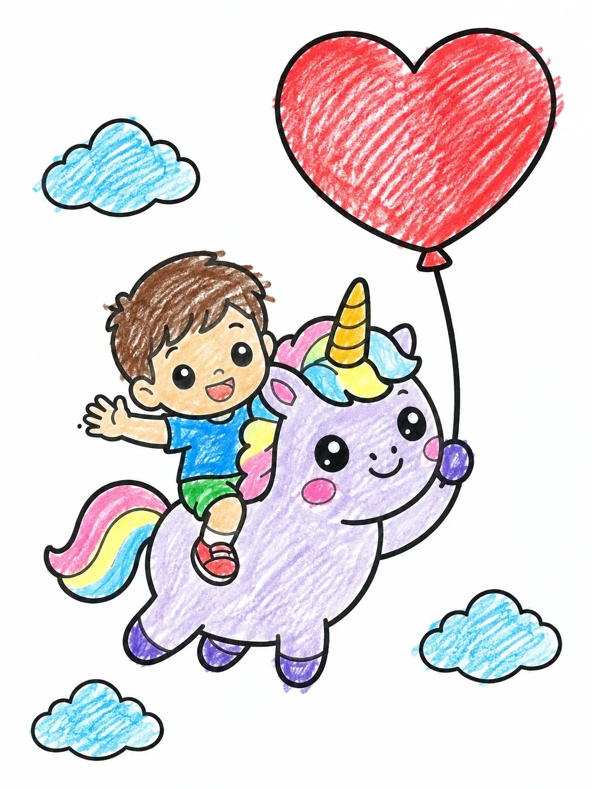 Colored example of the Boy Riding A Flying Baby Unicorn coloring page