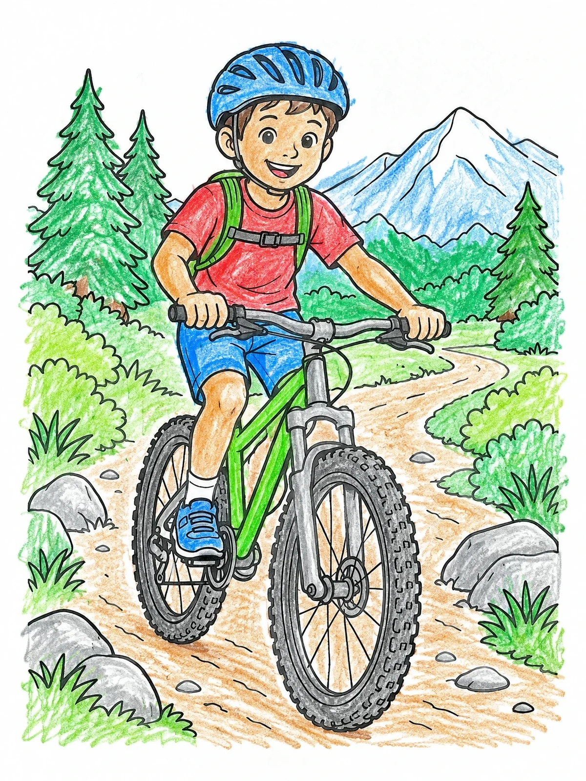 Colored example of the Boy Riding Mountain Bike On Forest Trail coloring page