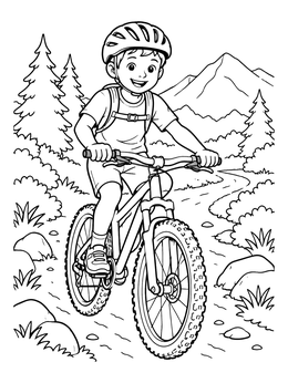 Free printable Boy Riding Mountain Bike On Forest Trail coloring page