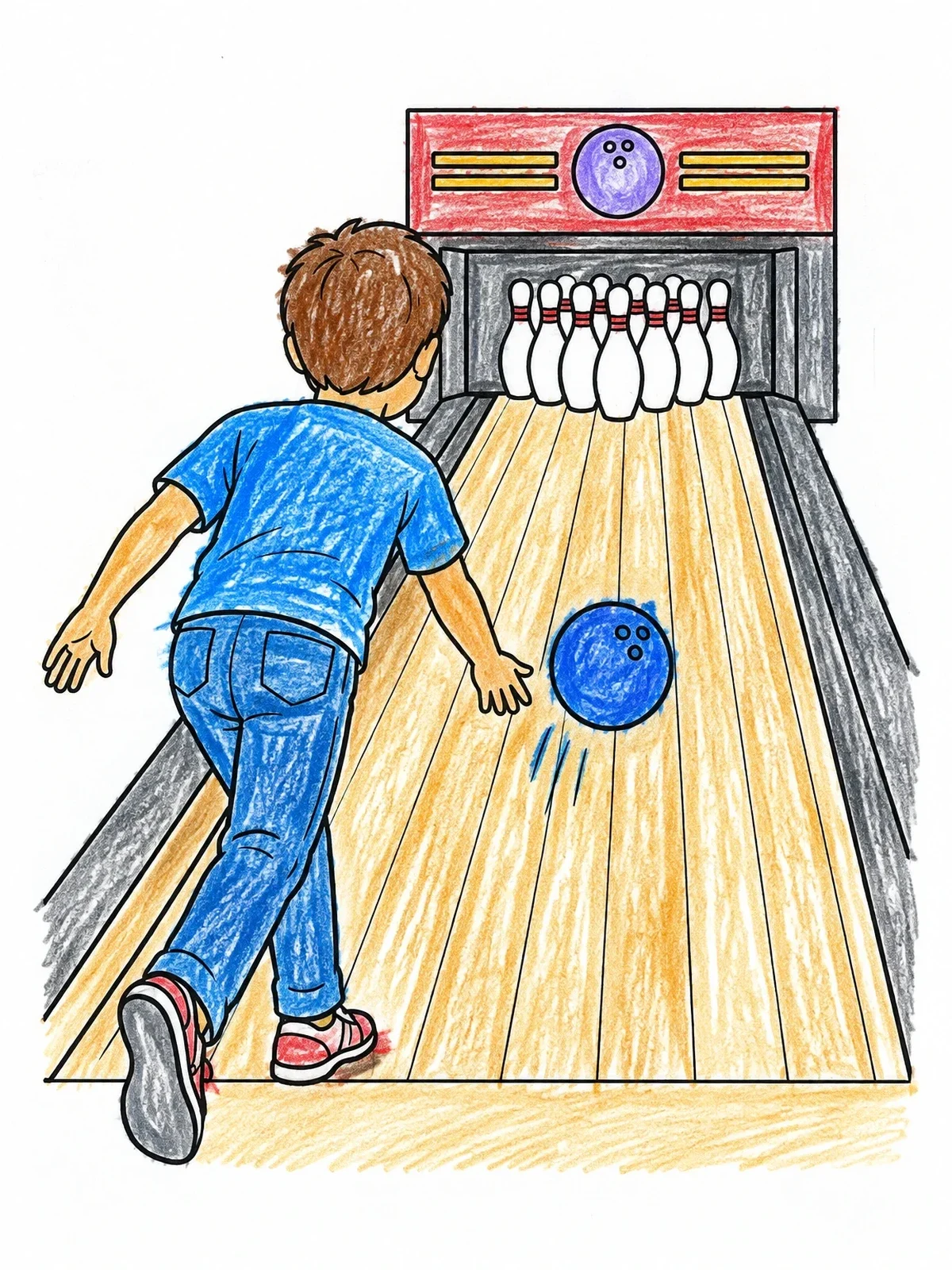 Colored example of the Boy Rolling Ball Down Bowling Lane coloring page