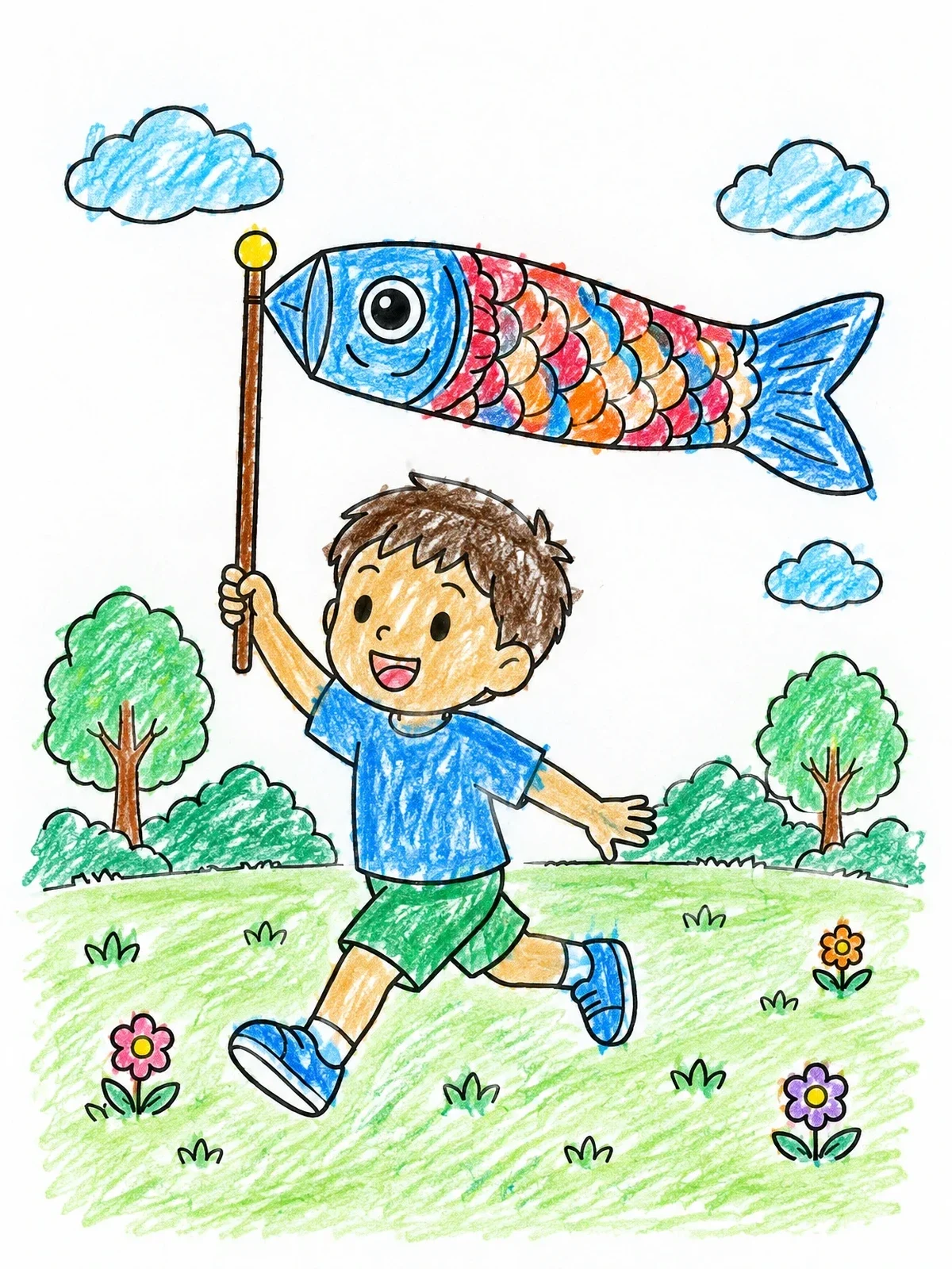 Colored example of the Boy Running With Koinobori Wand coloring page