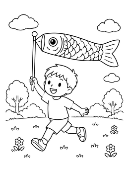 Free printable Boy Running With Koinobori Wand coloring page