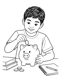 A smiling boy puts a coin into his piggy bank coloring page at a study desk.