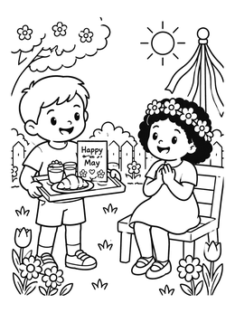 A cheerful boy bringing breakfast on a tray to a friend on this may coloring page outdoors.