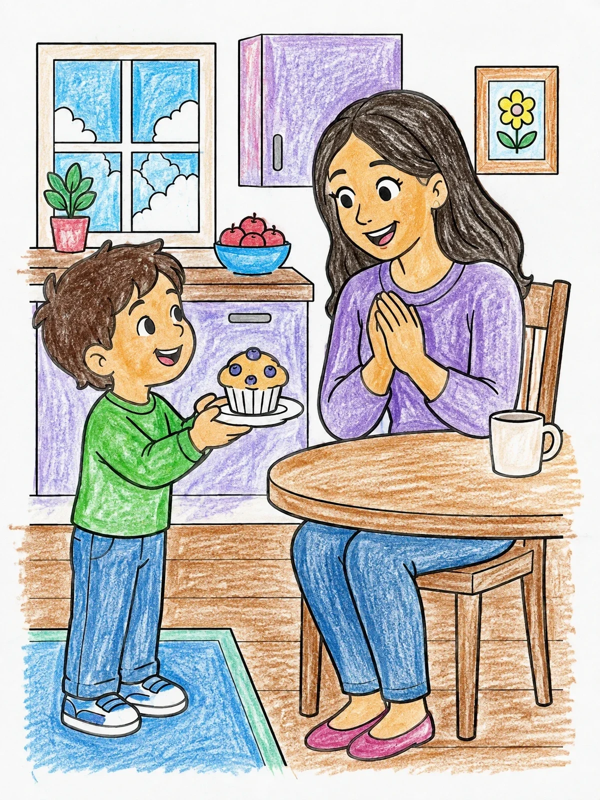 Colored example of the Boy Serving Muffin To Mother coloring page